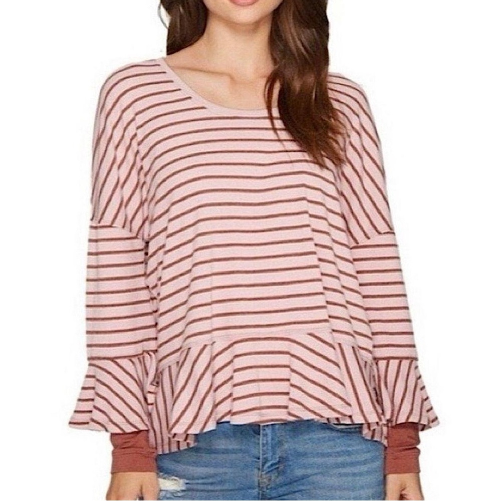We The Free Round About Blouse Top Striped Ruffled Bohemian Whimsical Oversized